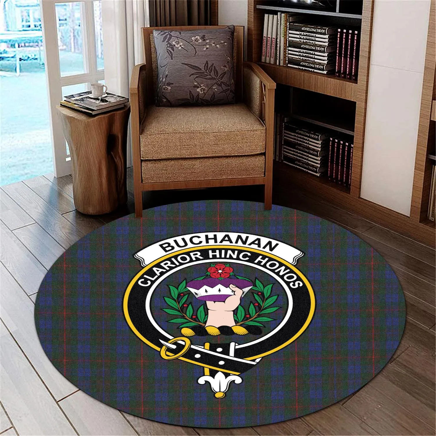 Buchanan Hunting Tartan Round Rug with Family Crest