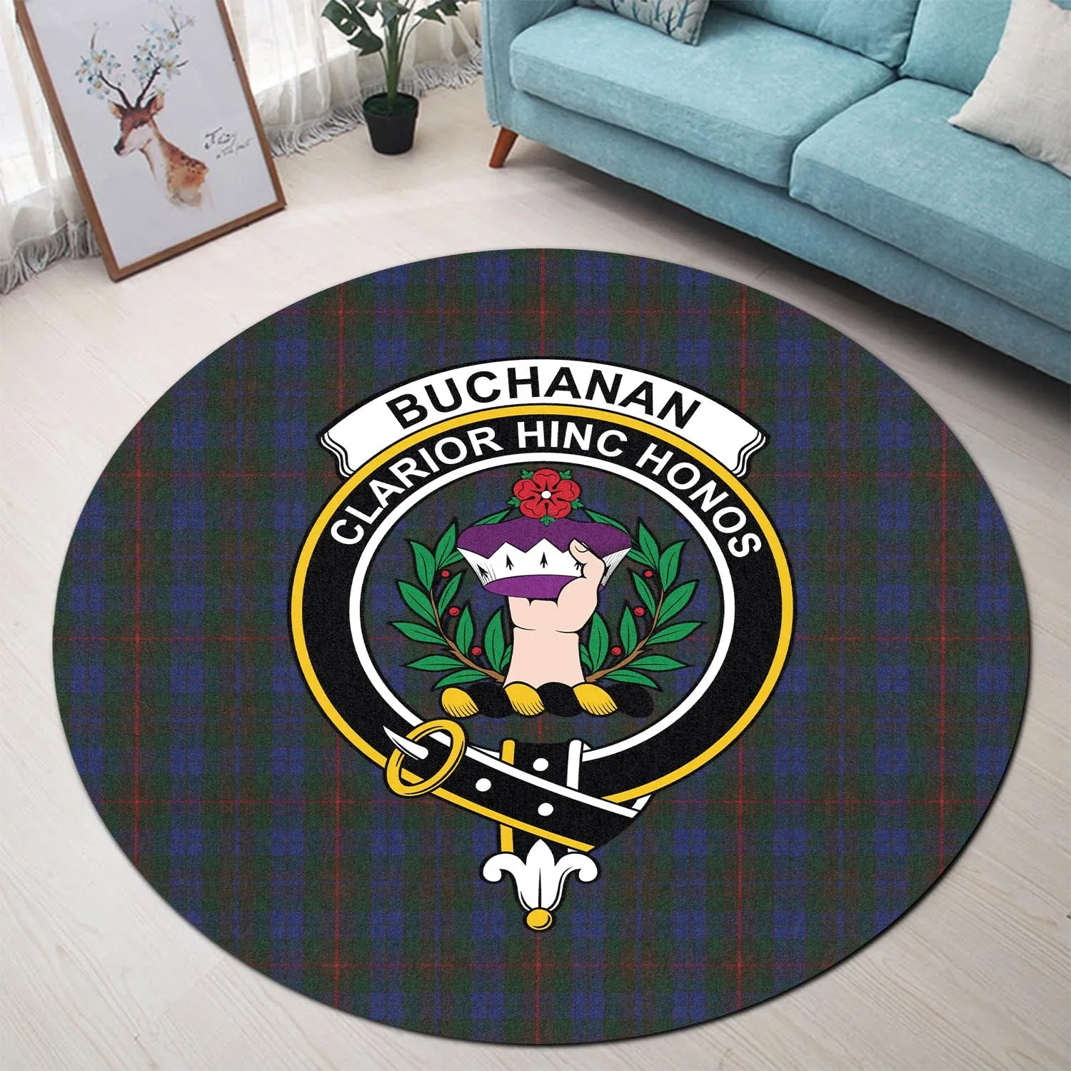 Buchanan Hunting Tartan Round Rug with Family Crest