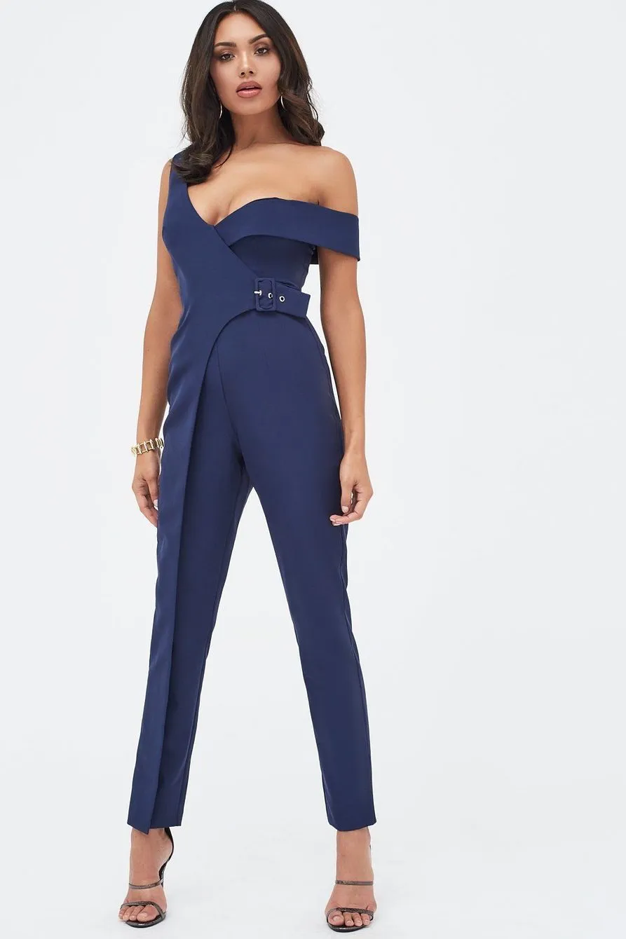 Buckle Trim Wrap Jumpsuit In Navy