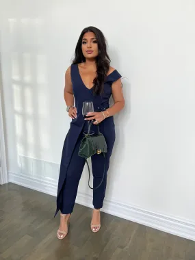 Buckle Trim Wrap Jumpsuit In Navy