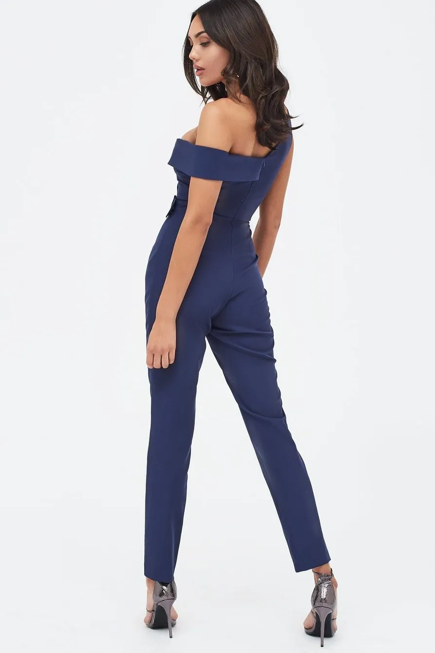 Buckle Trim Wrap Jumpsuit In Navy