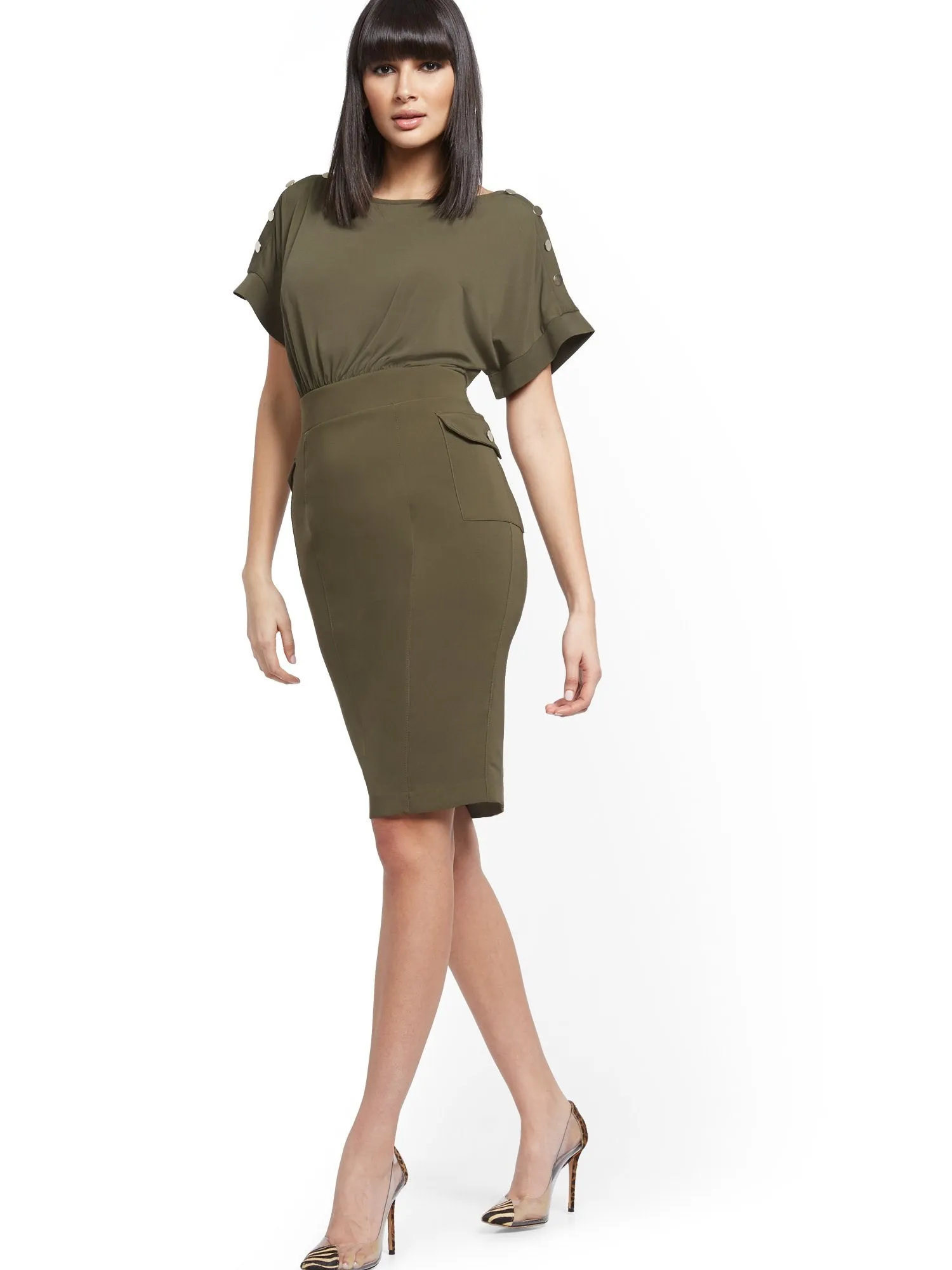 Button-Accent Cargo-Pocket Sheath Dress