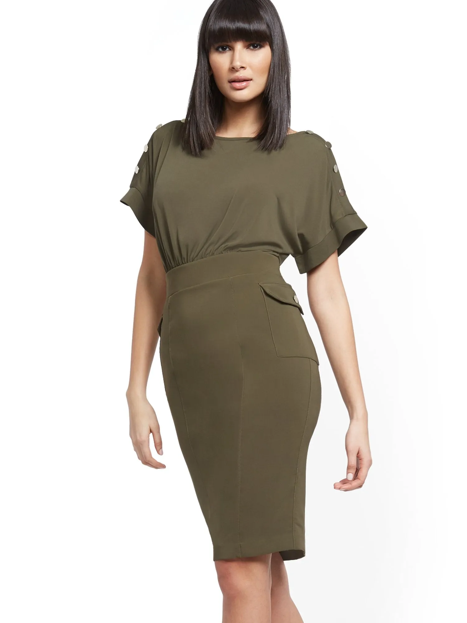 Button-Accent Cargo-Pocket Sheath Dress