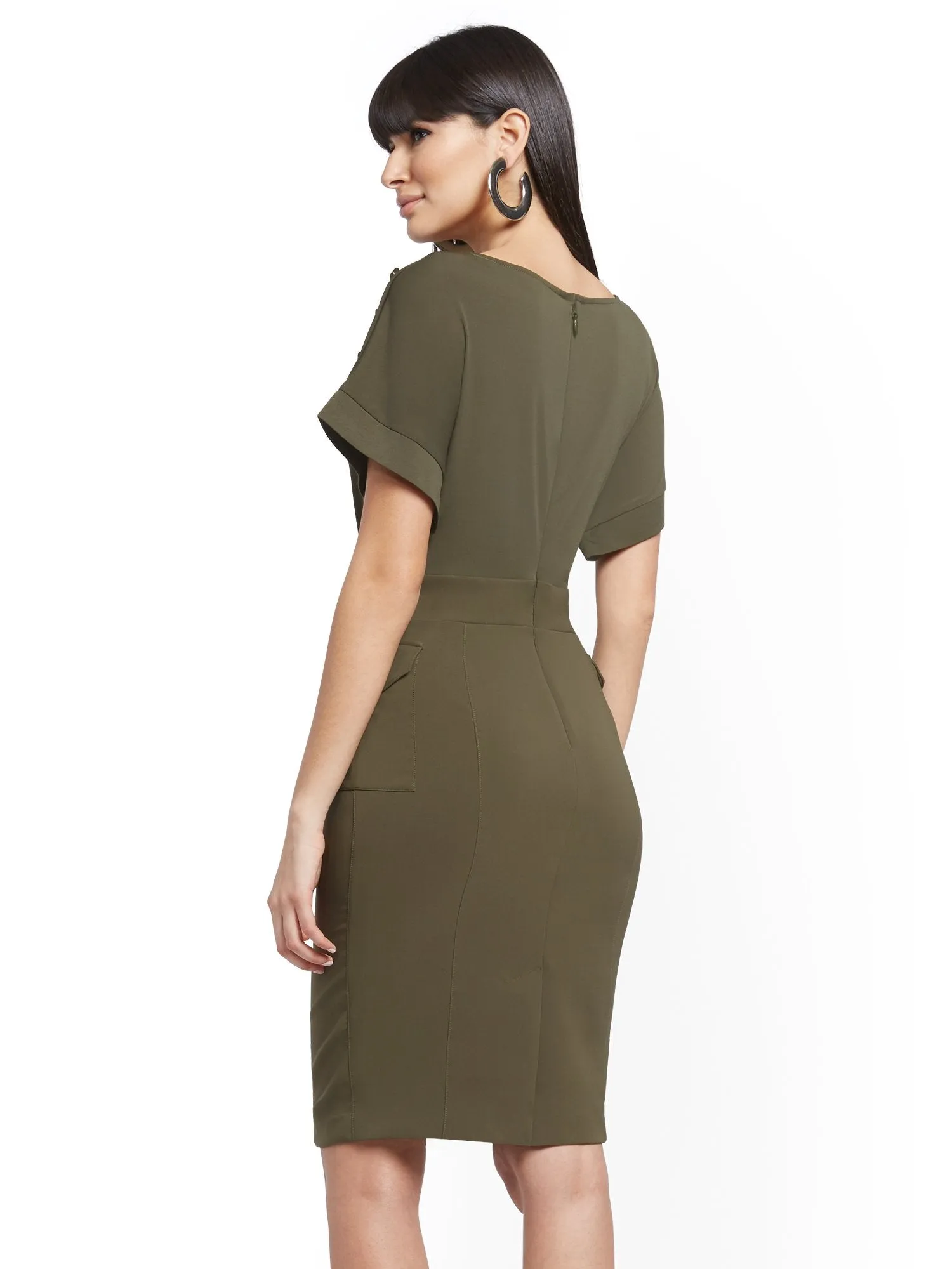 Button-Accent Cargo-Pocket Sheath Dress