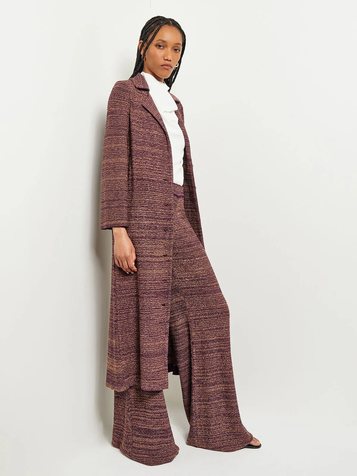 Button Front Duster - Belted Tweed Knit