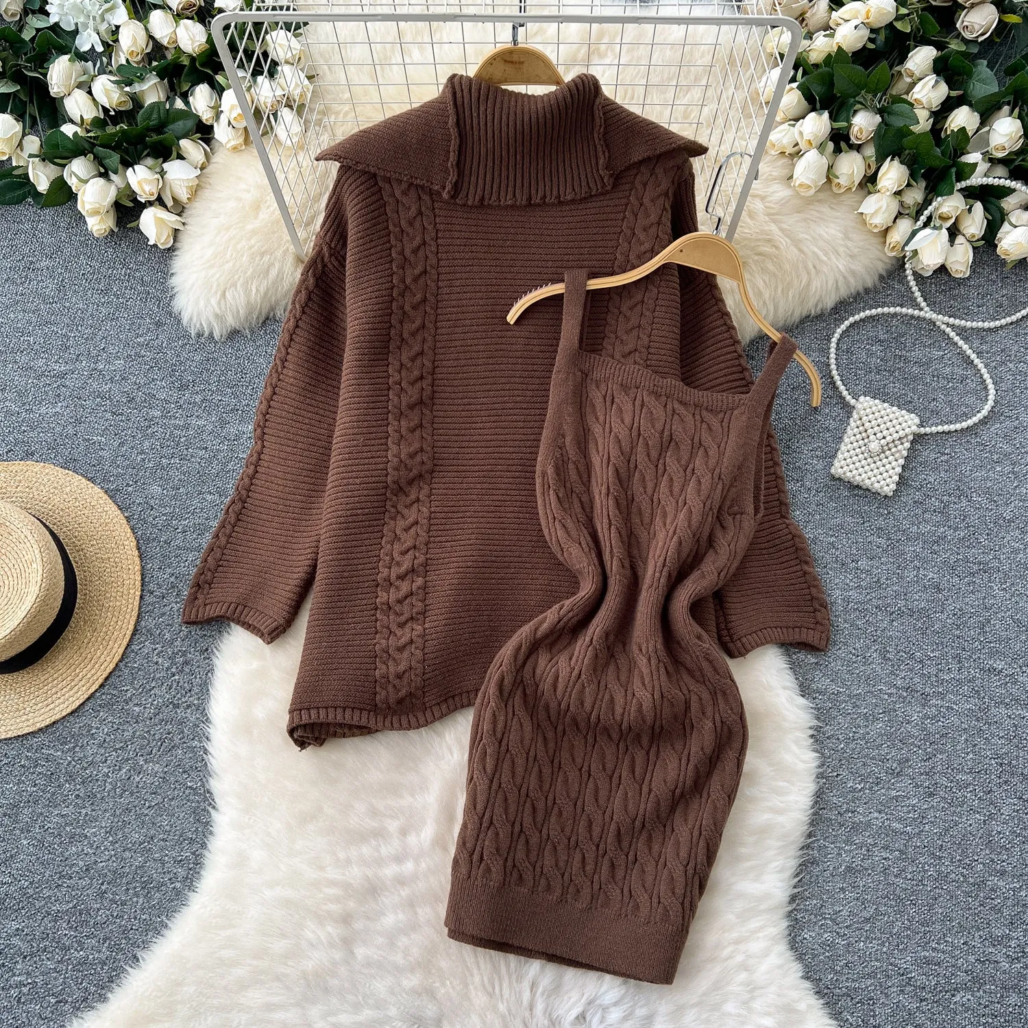 Cardigan&Slip Dress Twisted-knit 2Pcs