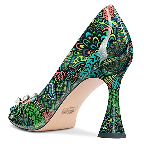 Castamere Women High Heel Chunky Block Pointed Toe Pumps Slip-on Party Dress 3.3 Inches Heels Green Multicolor