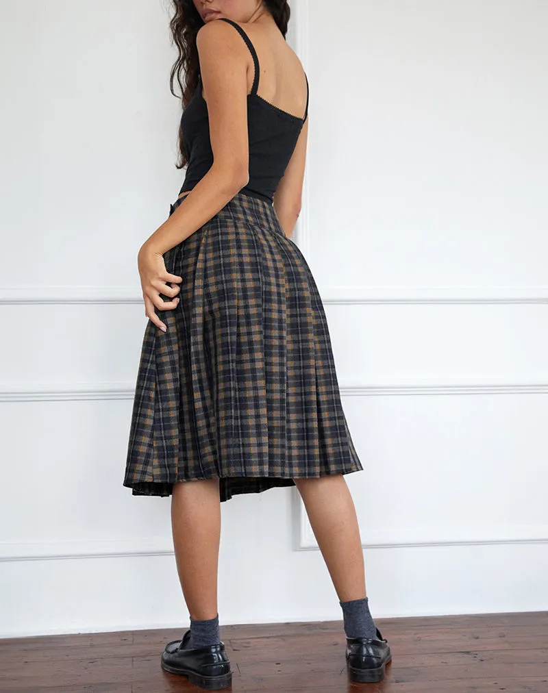 Catelyn Pleated Midi Skirt in Navy Mustard Check