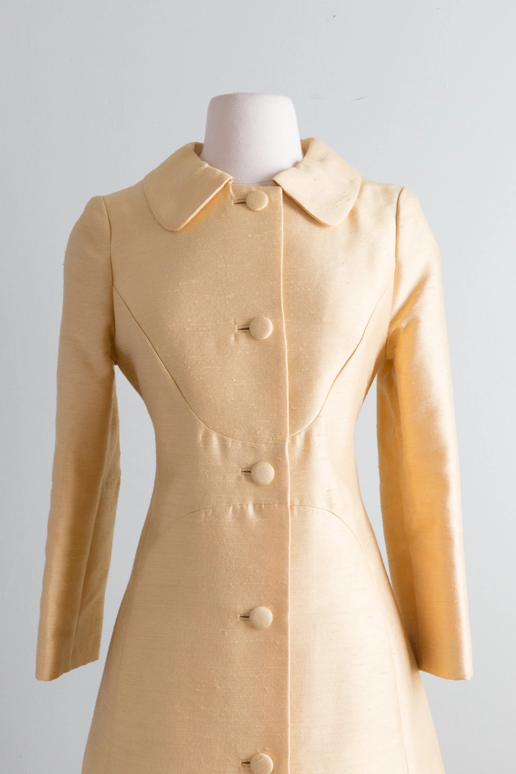 Chic 1960's Butter Yellow Shantung Silk Dress & Coat Set / Medium