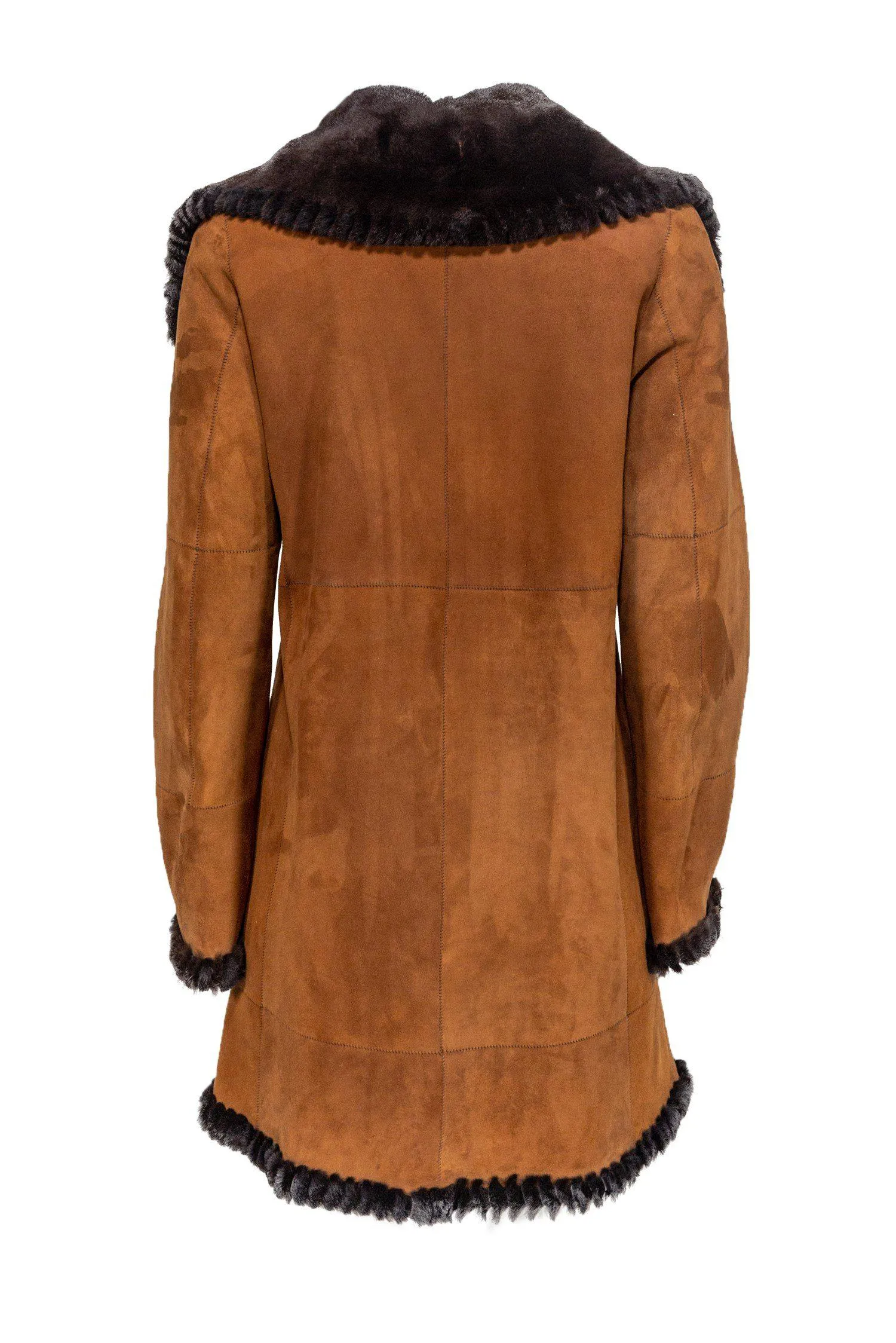 Christia - Brown Suede Long Coat w/ Fur Collar & Lining Sz S