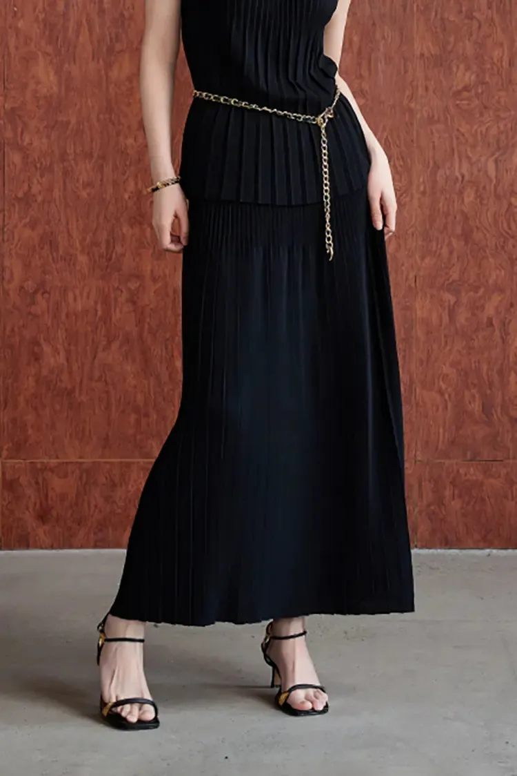 Cotton Blend Knitted Accordion Pleated Maxi Skirt