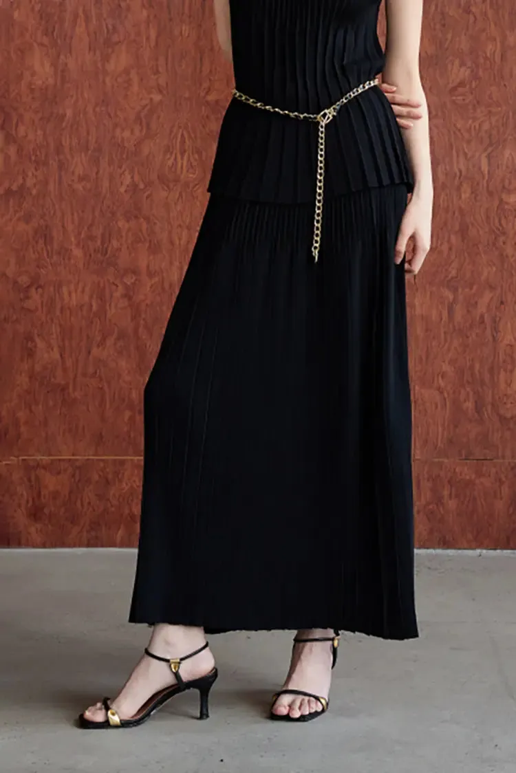 Cotton Blend Knitted Accordion Pleated Maxi Skirt