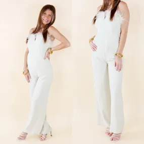 Cue The Lights Feather Jumpsuit with Waist Tie in Ivory