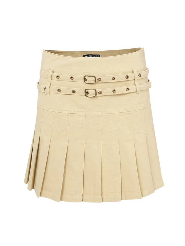 Double Belt Pleated Miniskirt