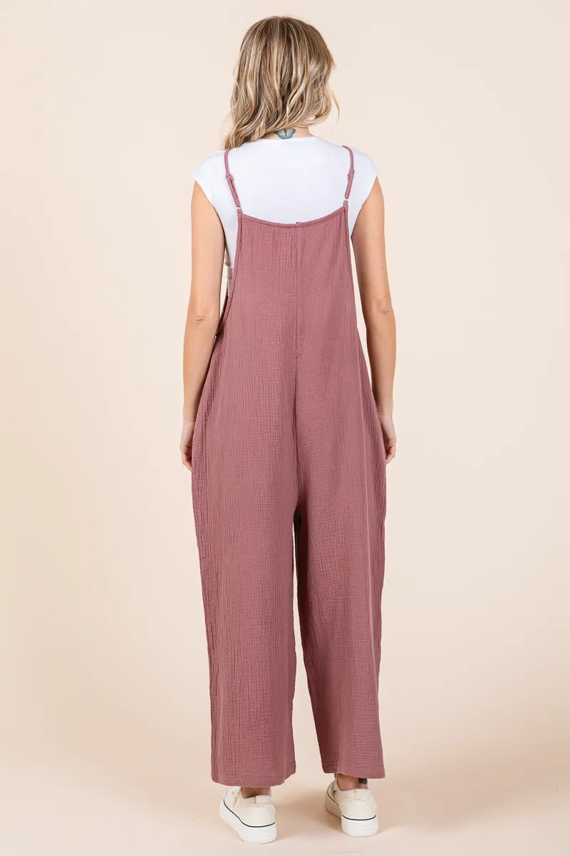 Double Gauze Strap Wide Leg Overalls Jumpsuits