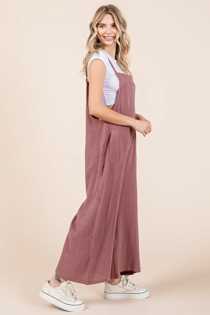 Double Gauze Strap Wide Leg Overalls Jumpsuits