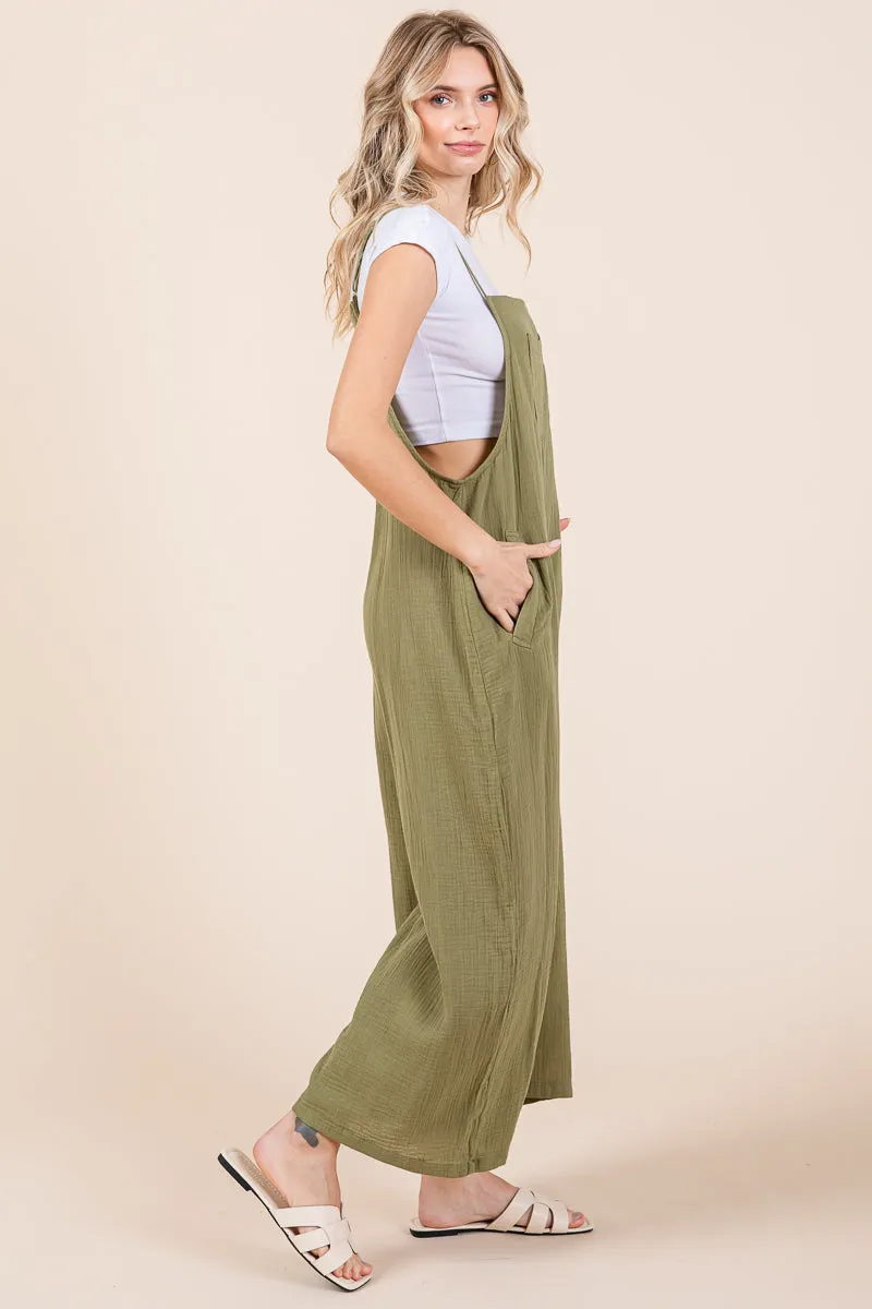 Double Gauze Strap Wide Leg Overalls Jumpsuits