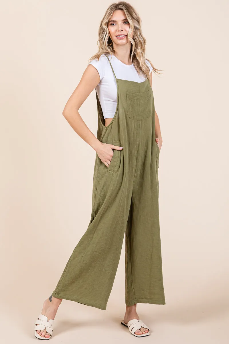 Double Gauze Strap Wide Leg Overalls Jumpsuits