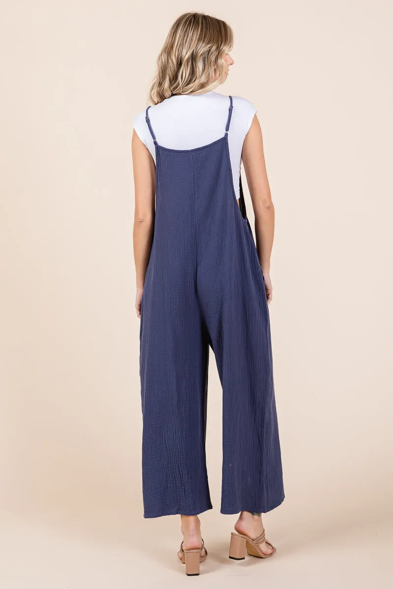 Double Gauze Strap Wide Leg Overalls Jumpsuits