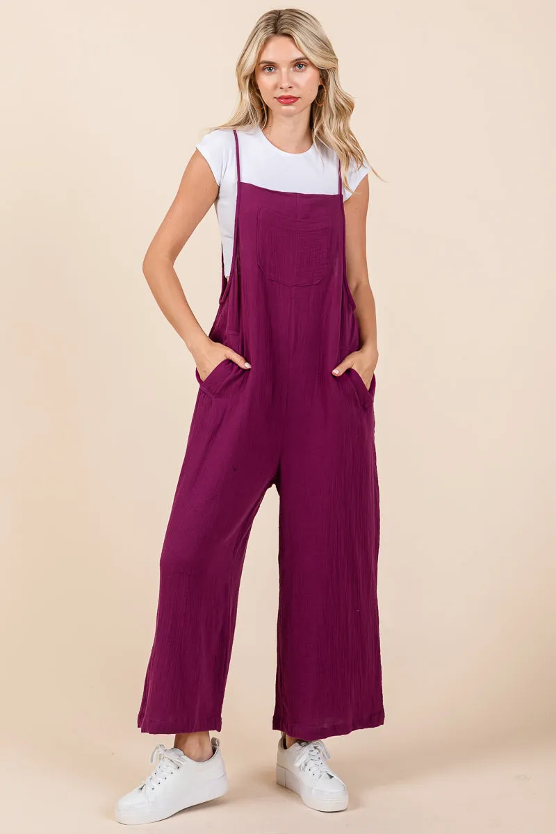 Double Gauze Strap Wide Leg Overalls Jumpsuits