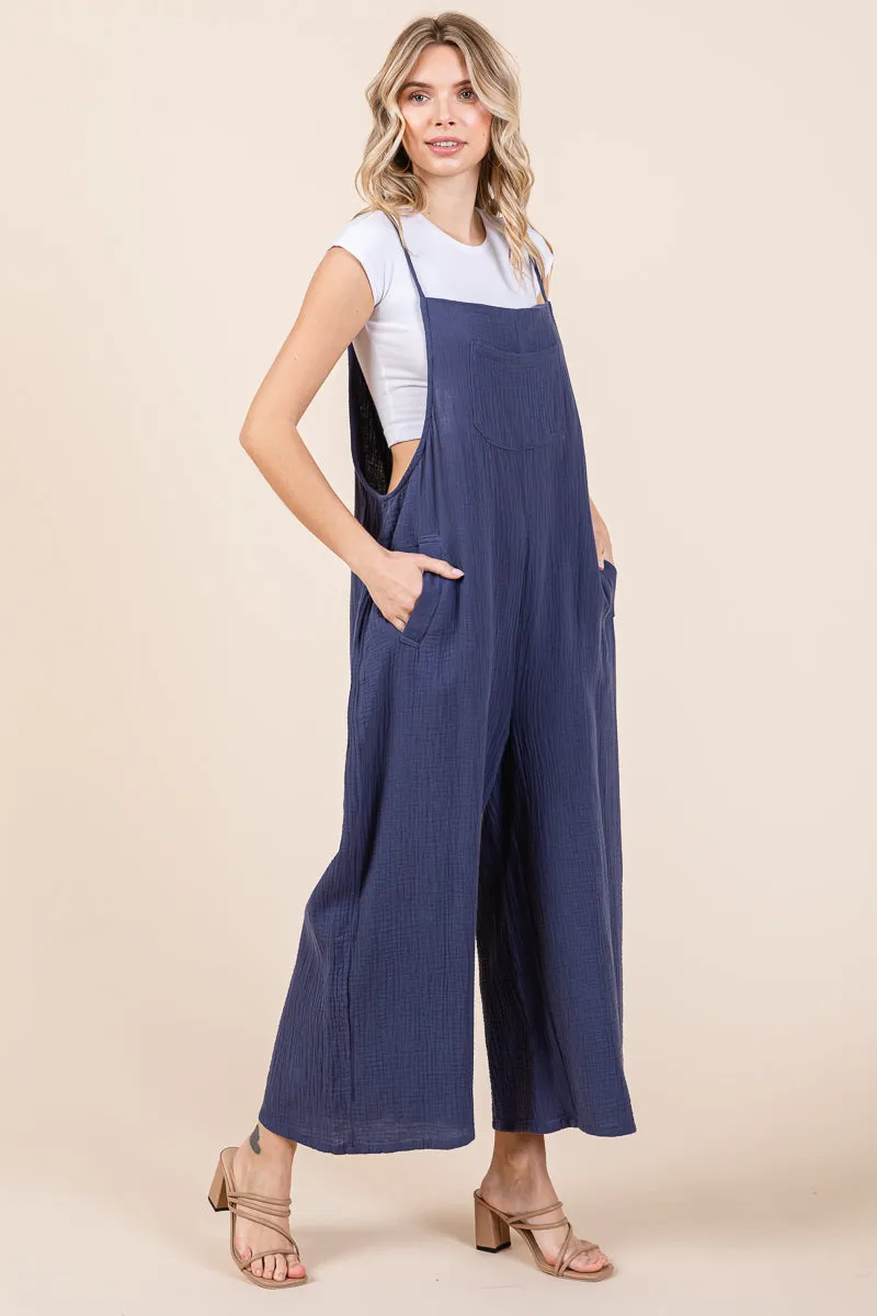 Double Gauze Strap Wide Leg Overalls Jumpsuits