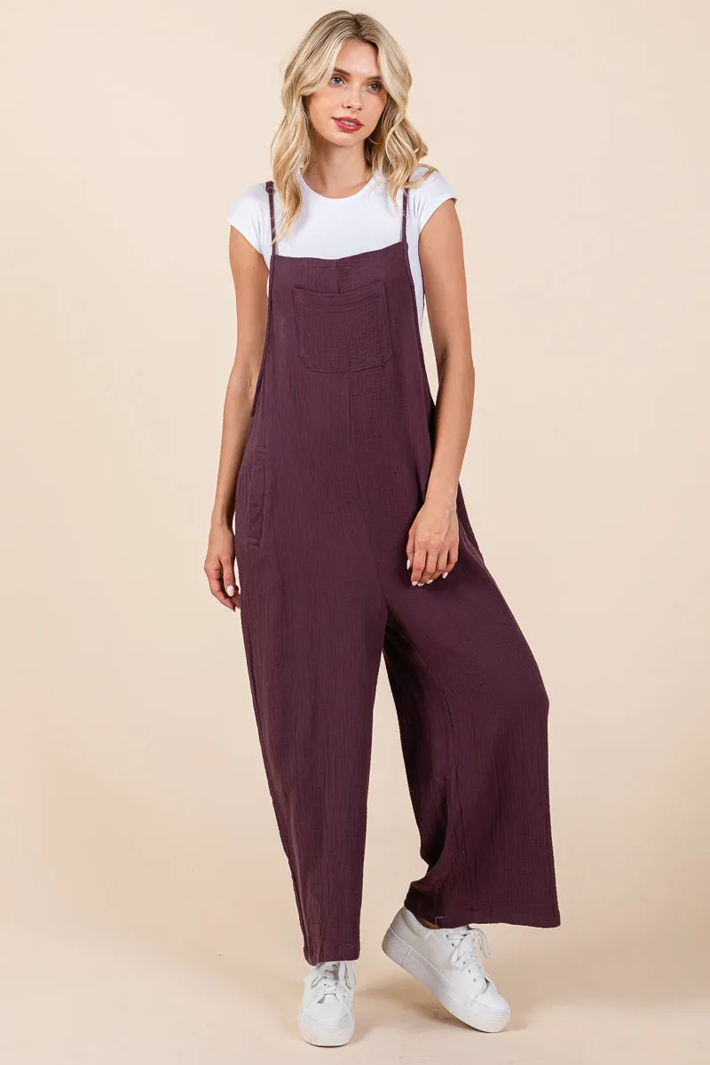 Double Gauze Strap Wide Leg Overalls Jumpsuits