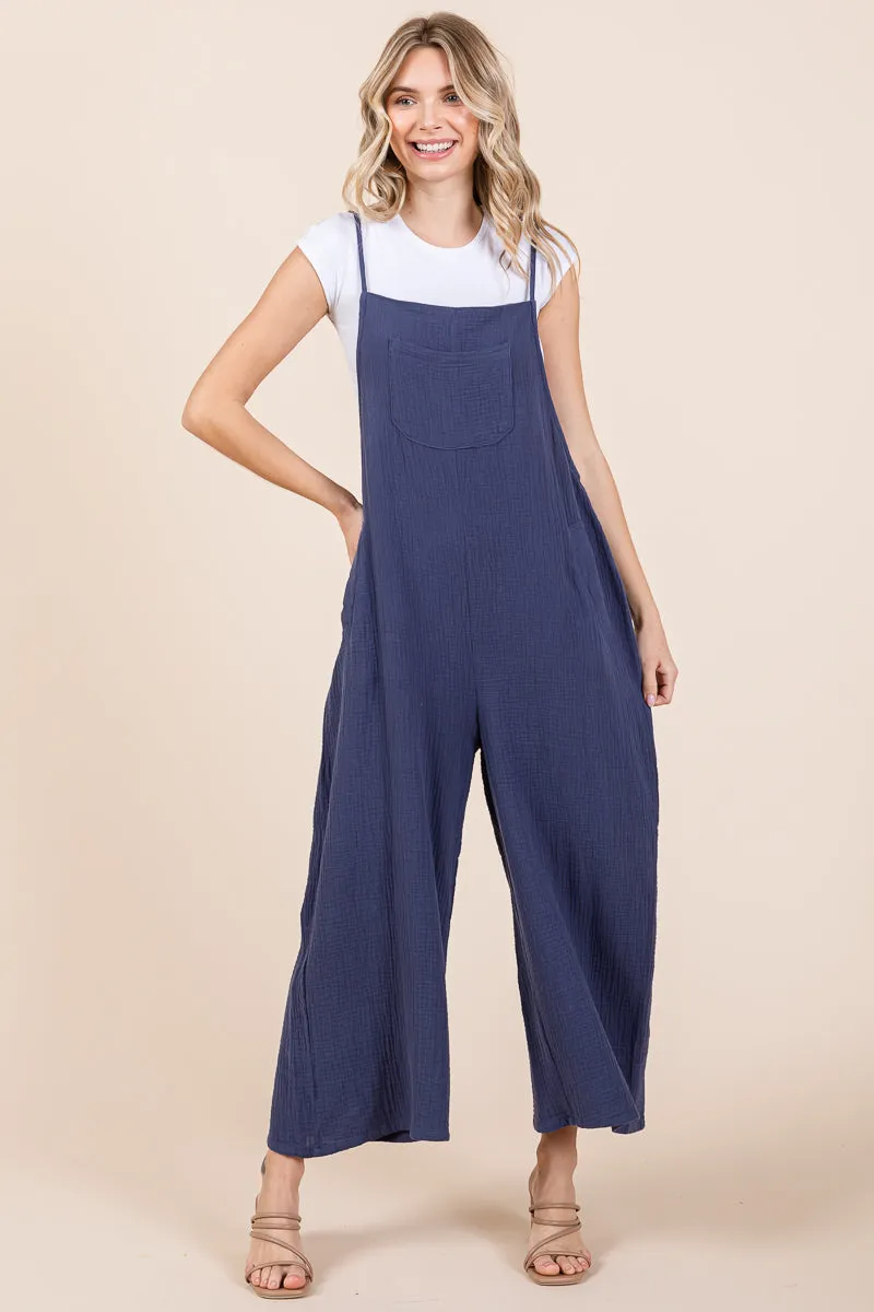 Double Gauze Strap Wide Leg Overalls Jumpsuits