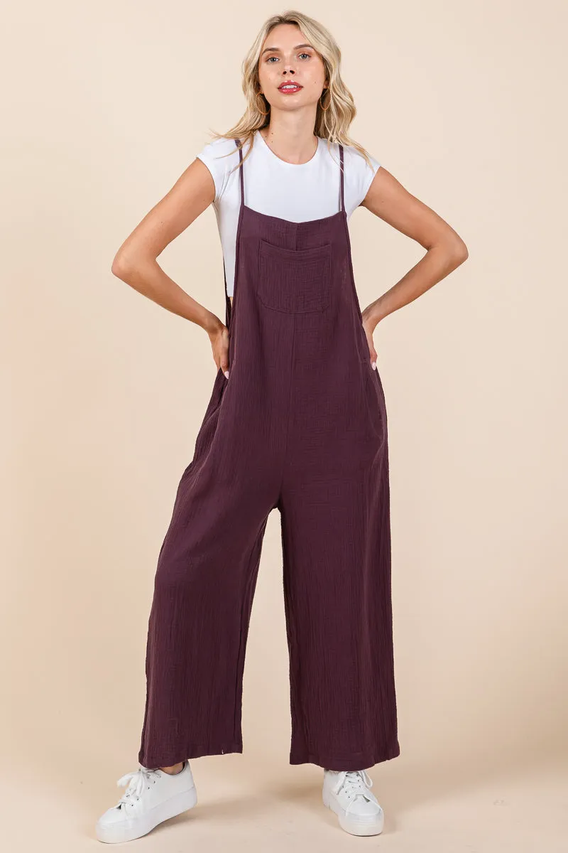 Double Gauze Strap Wide Leg Overalls Jumpsuits