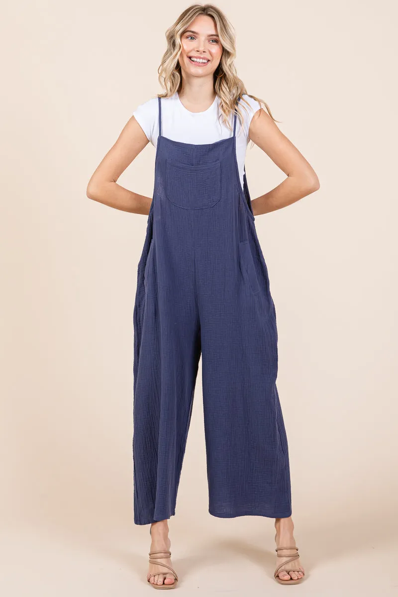 Double Gauze Strap Wide Leg Overalls Jumpsuits