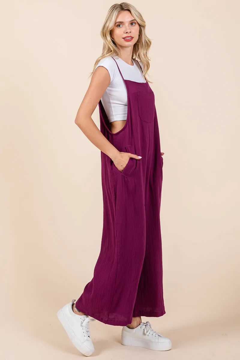 Double Gauze Strap Wide Leg Overalls Jumpsuits