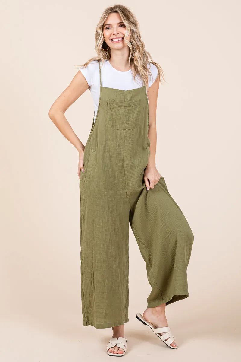 Double Gauze Strap Wide Leg Overalls Jumpsuits