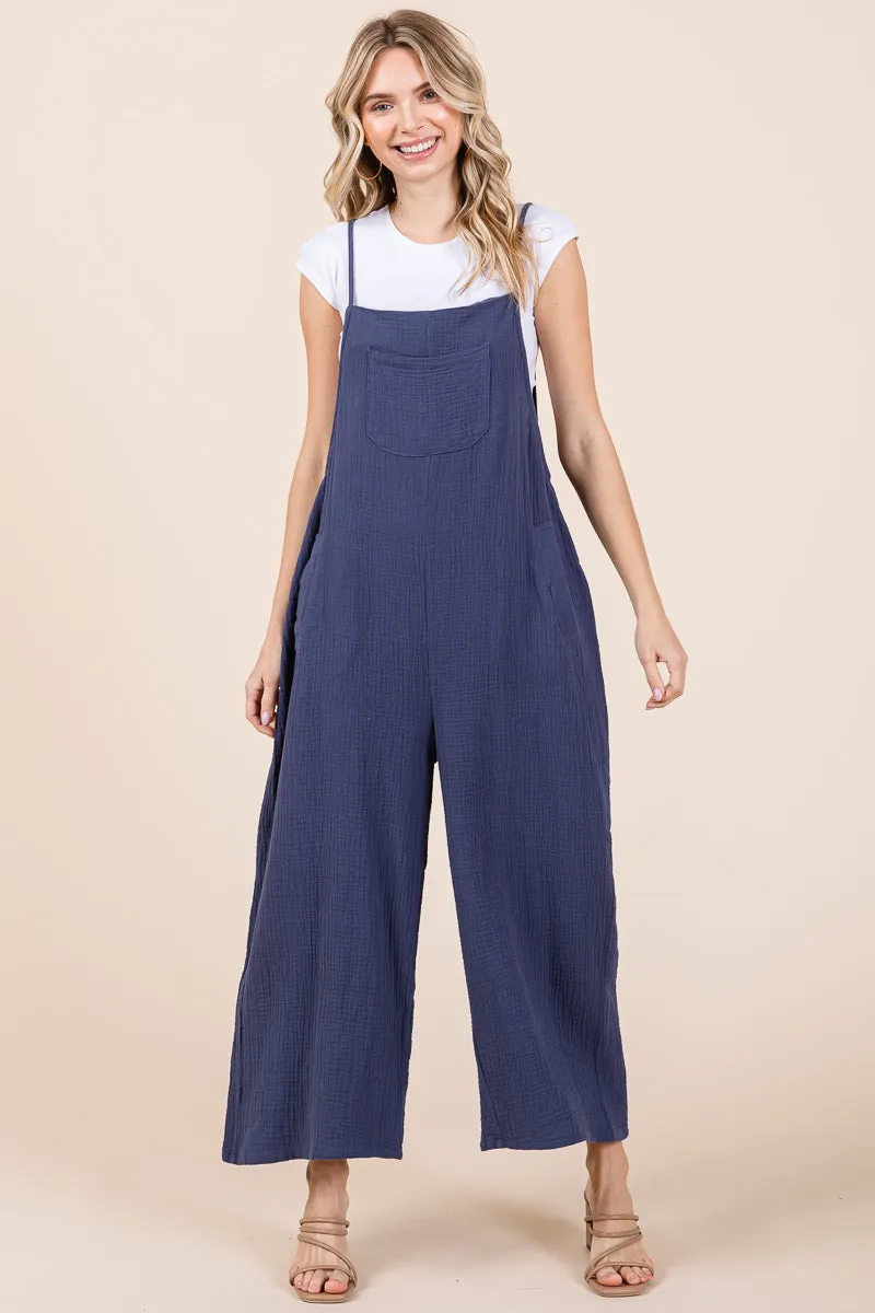 Double Gauze Strap Wide Leg Overalls Jumpsuits