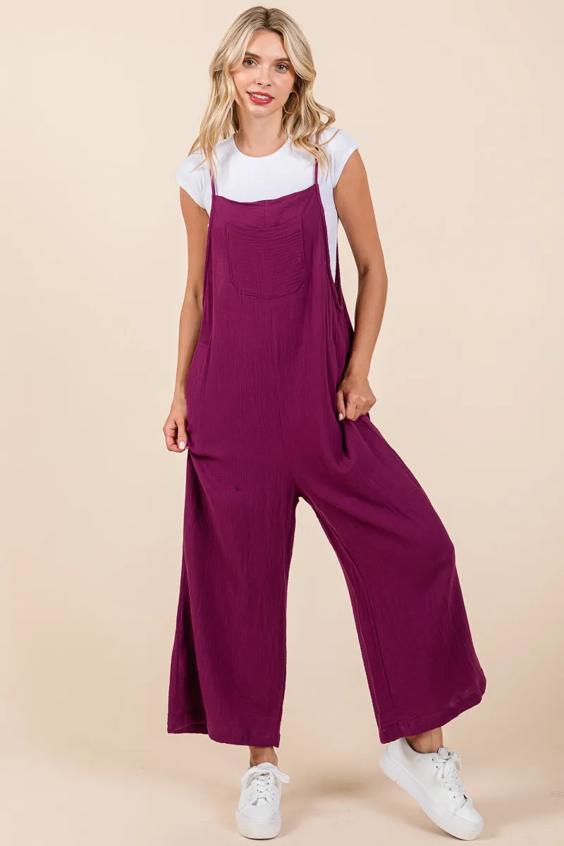 Double Gauze Strap Wide Leg Overalls Jumpsuits