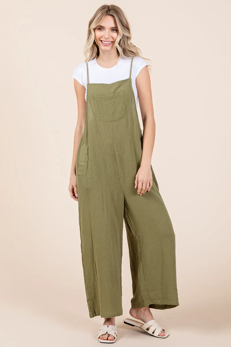 Double Gauze Strap Wide Leg Overalls Jumpsuits