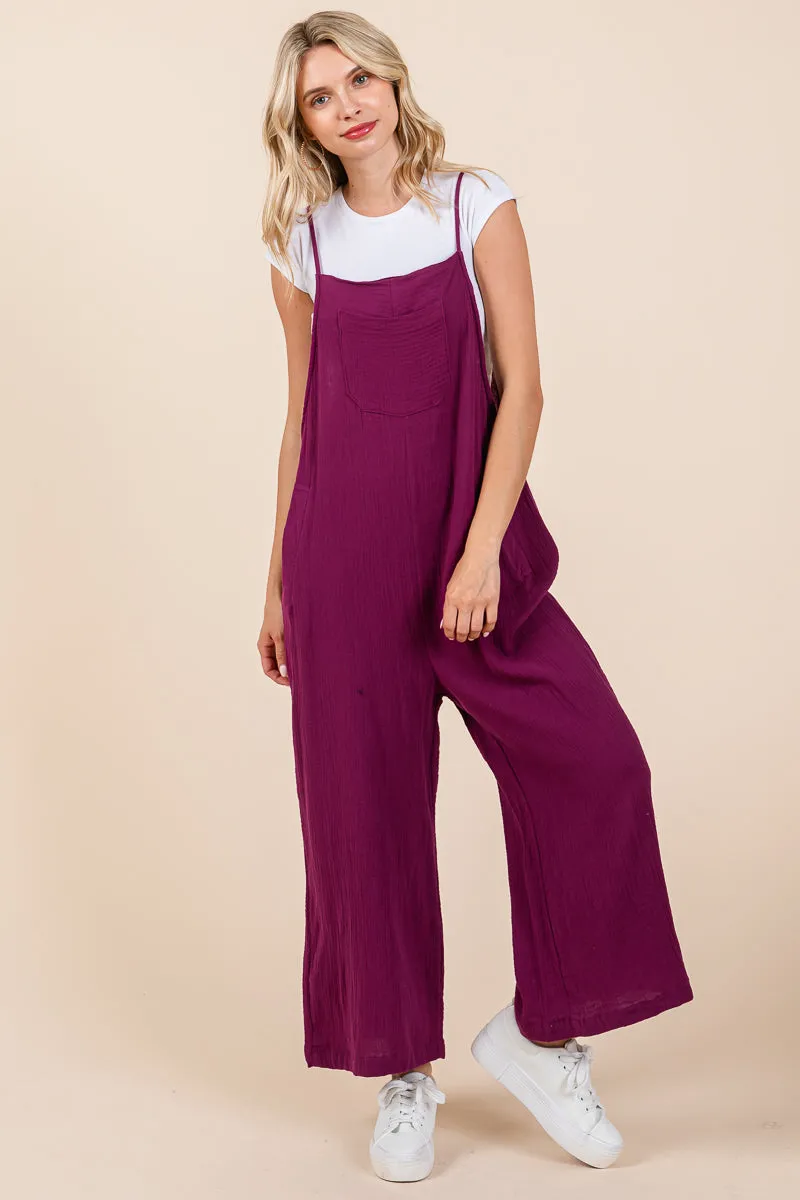 Double Gauze Strap Wide Leg Overalls Jumpsuits