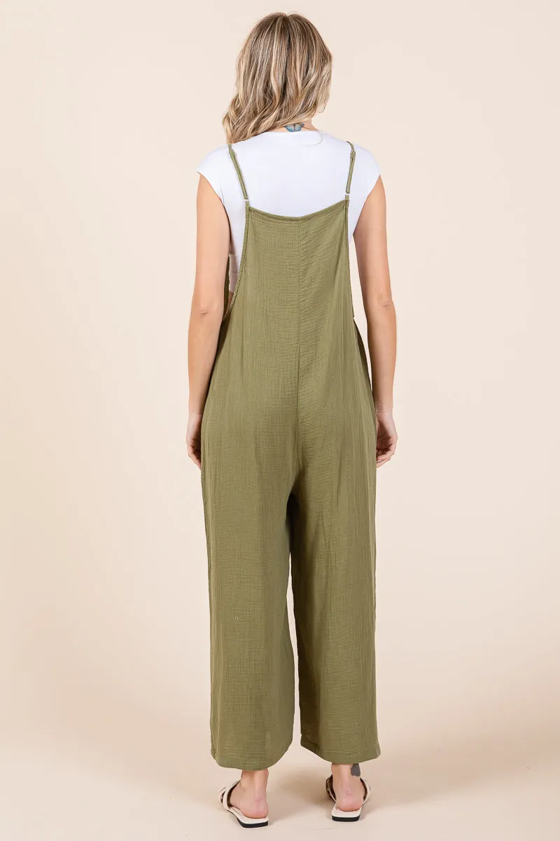 Double Gauze Strap Wide Leg Overalls Jumpsuits