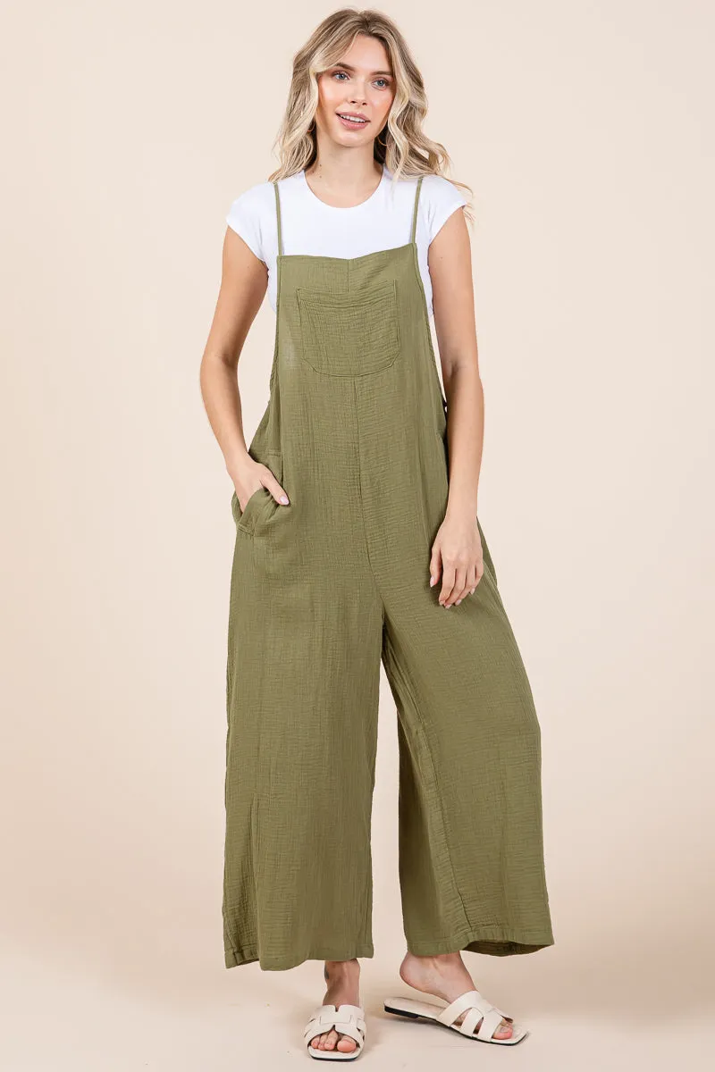 Double Gauze Strap Wide Leg Overalls Jumpsuits