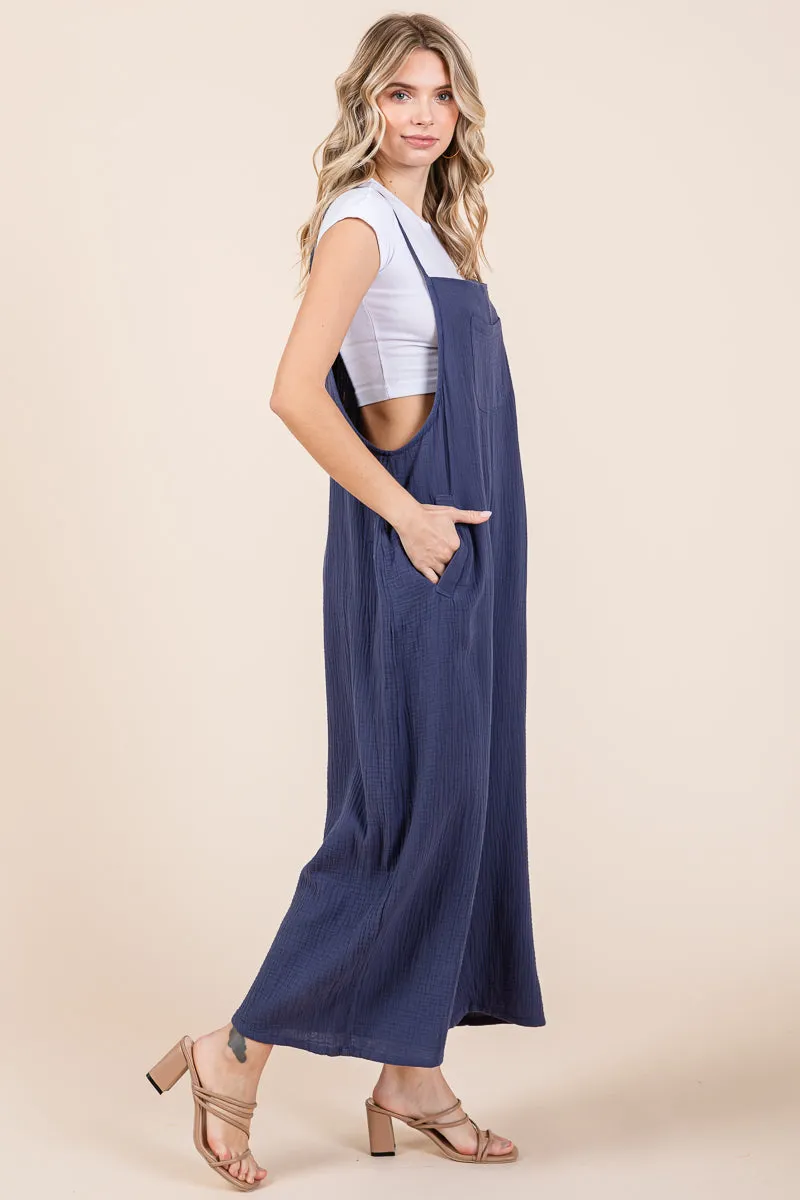 Double Gauze Strap Wide Leg Overalls Jumpsuits