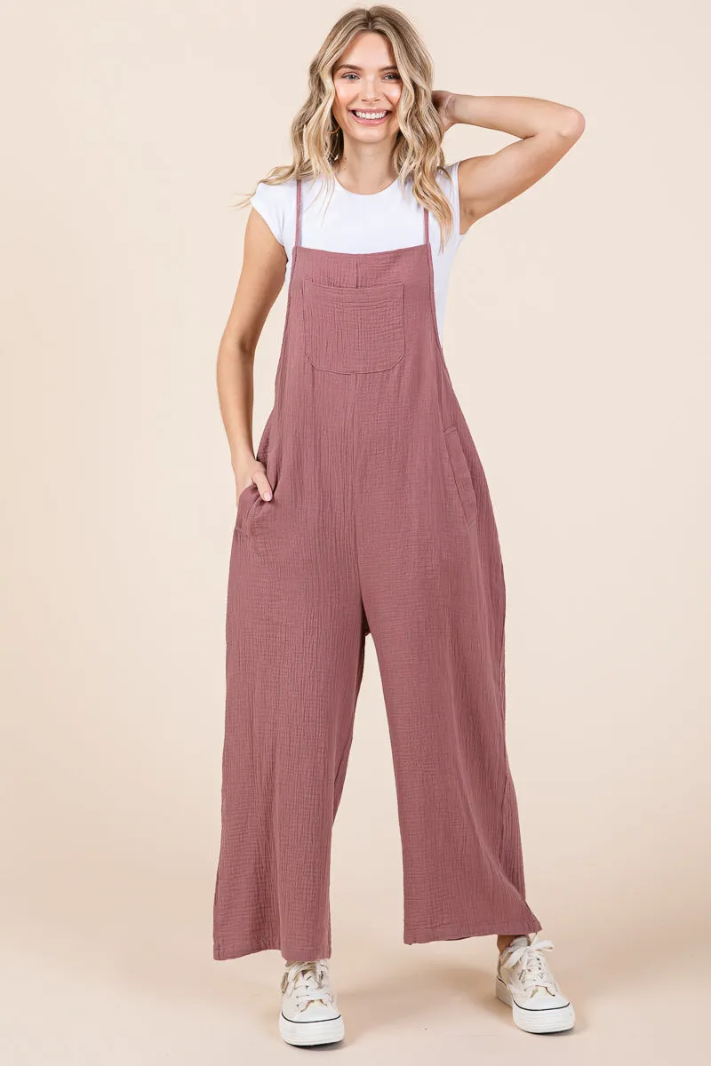 Double Gauze Strap Wide Leg Overalls Jumpsuits