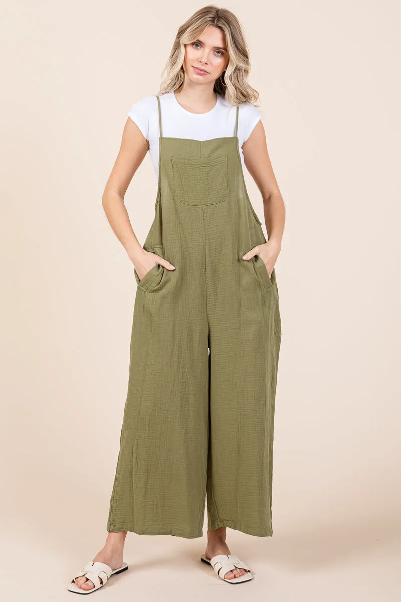 Double Gauze Strap Wide Leg Overalls Jumpsuits