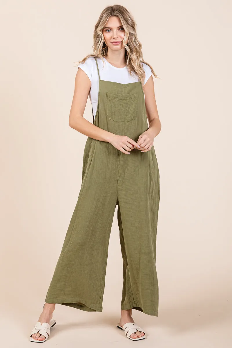 Double Gauze Strap Wide Leg Overalls Jumpsuits