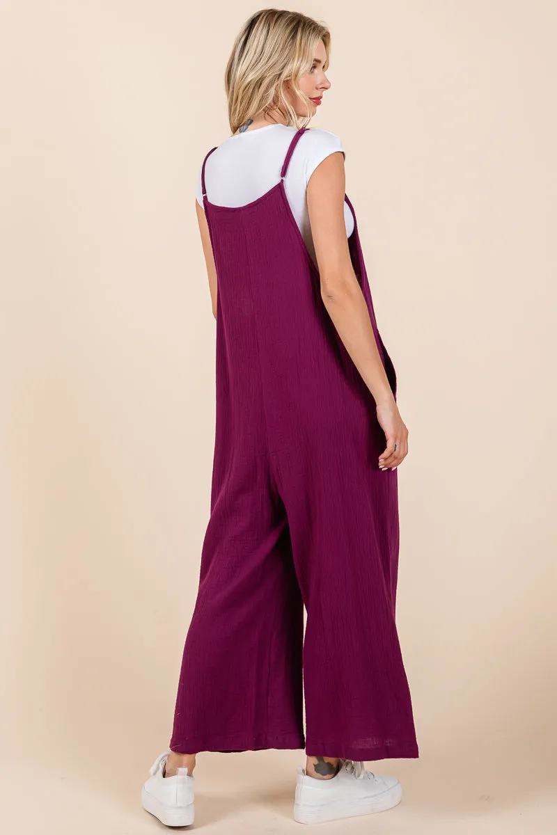 Double Gauze Strap Wide Leg Overalls Jumpsuits