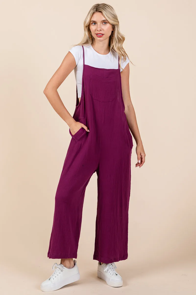 Double Gauze Strap Wide Leg Overalls Jumpsuits