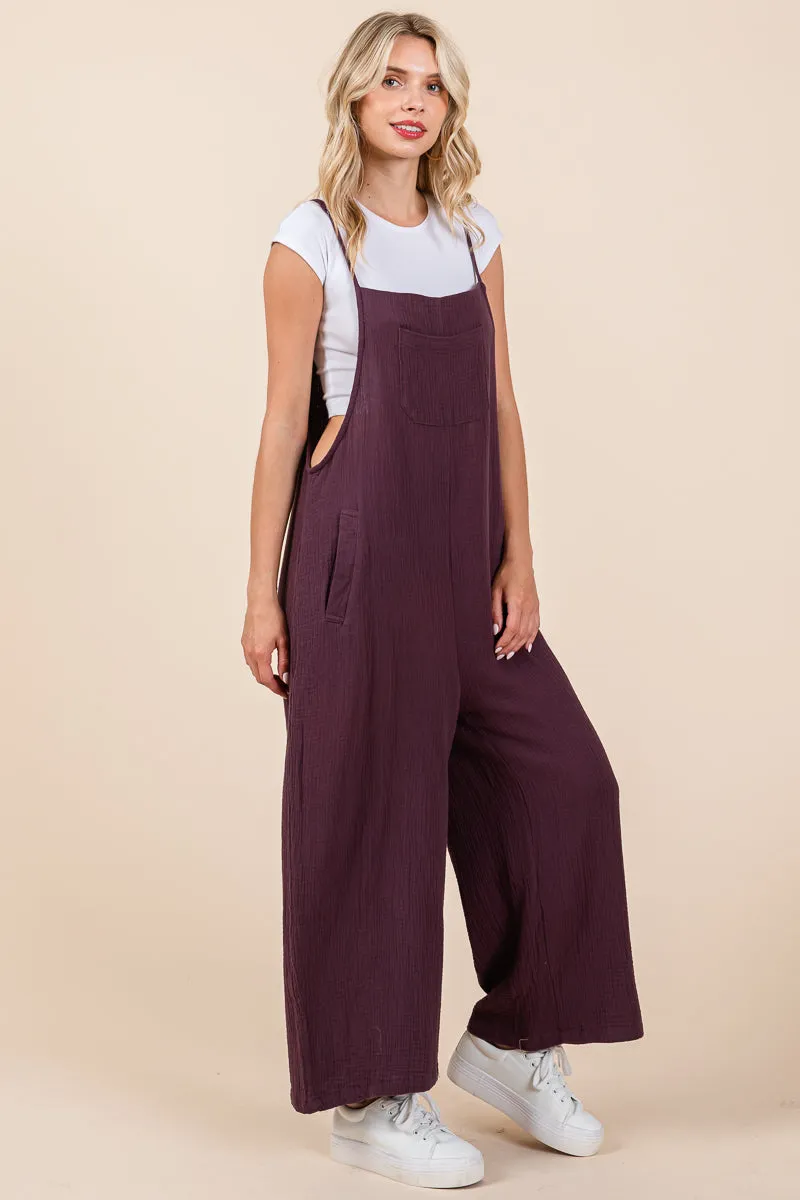 Double Gauze Strap Wide Leg Overalls Jumpsuits