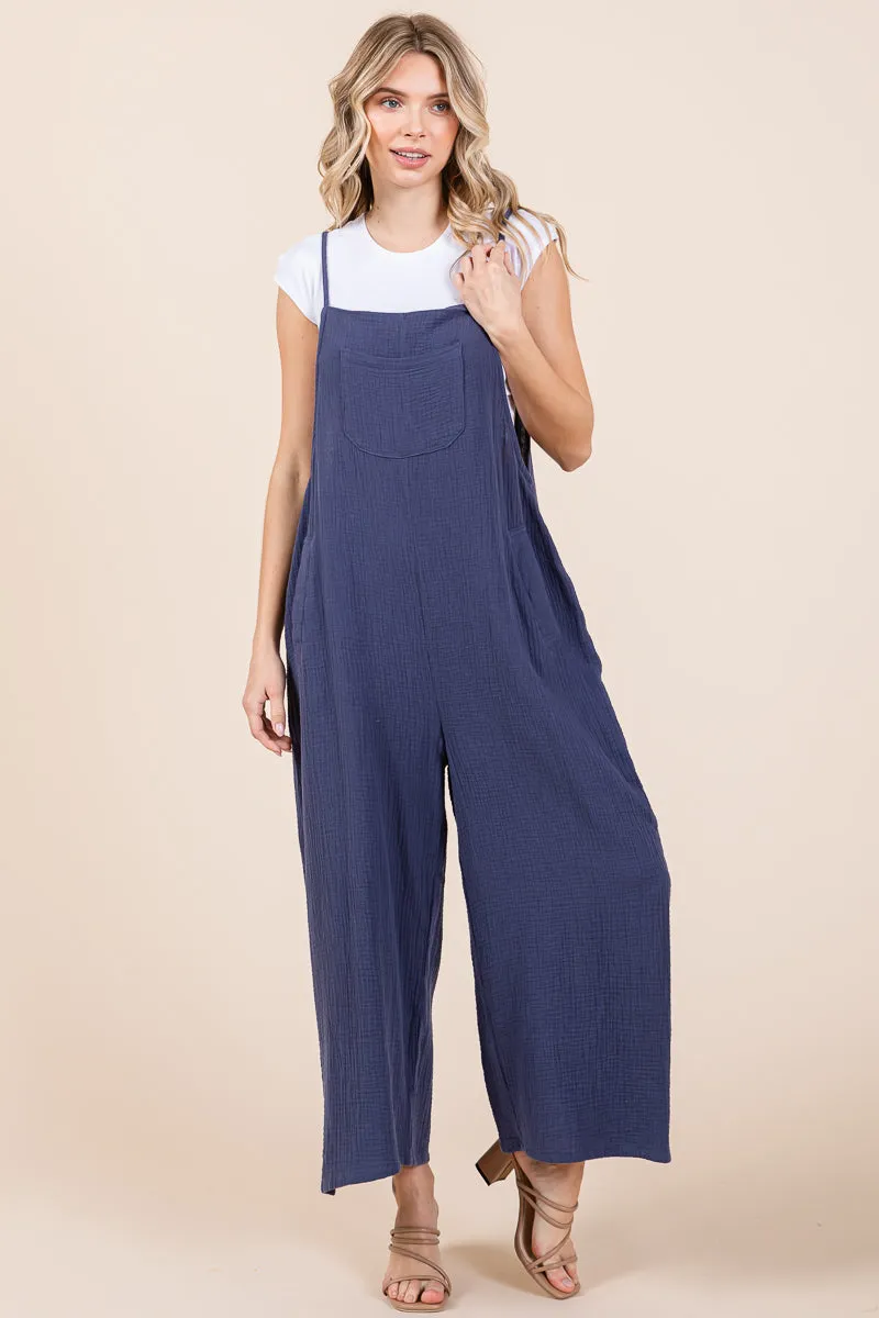 Double Gauze Strap Wide Leg Overalls Jumpsuits