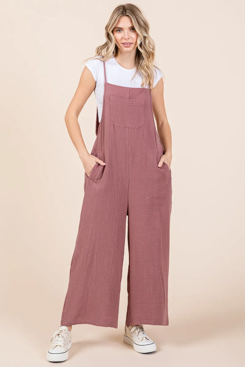 Double Gauze Strap Wide Leg Overalls Jumpsuits