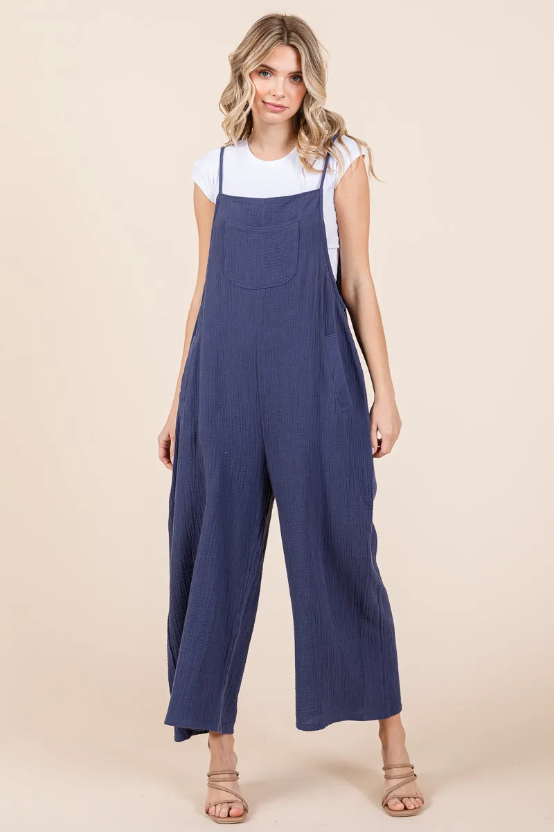 Double Gauze Strap Wide Leg Overalls Jumpsuits