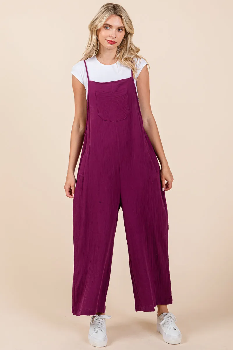 Double Gauze Strap Wide Leg Overalls Jumpsuits