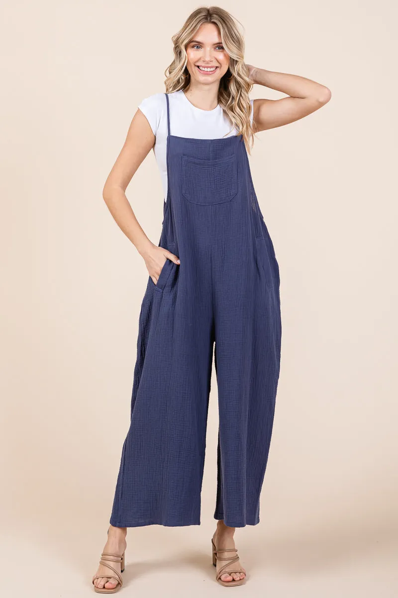 Double Gauze Strap Wide Leg Overalls Jumpsuits