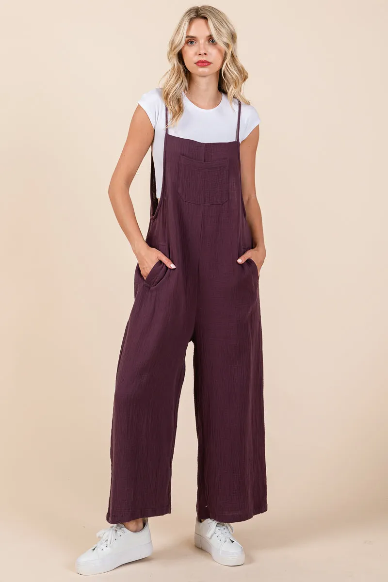 Double Gauze Strap Wide Leg Overalls Jumpsuits